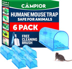 Blue translucent Campior humane mouse traps with product box showing '6 pack' and a mouse