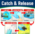 Step-by-step 'Catch & Release' infographic showing adding bait, opening door, catching and releasing mice