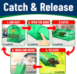 Instructional infographic showing five-step catch-and-release process for Campior humane mouse trap with illustrative images