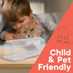 Child and pet friendly graphic with clear mouse trap in foreground and blurred child and cat in background