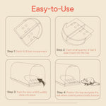 Instructional four-panel line illustrations demonstrating steps to bait, set and place the humane mouse trap