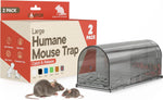 Transparent gray plastic humane mouse trap shown beside branded packaging and two mice on a white background