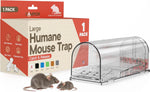 Clear plastic humane mouse trap shown next to product box and two mice on white background