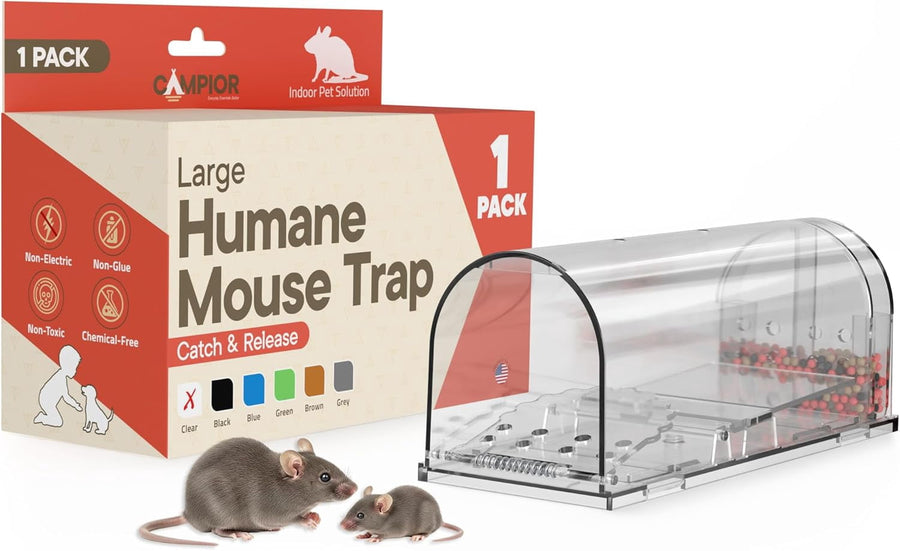 Clear plastic humane mouse trap shown next to product box and two mice on white background