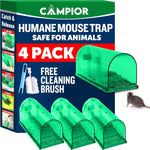 Campior retail box and four translucent green humane mouse traps with '4 PACK' and free cleaning brush callouts