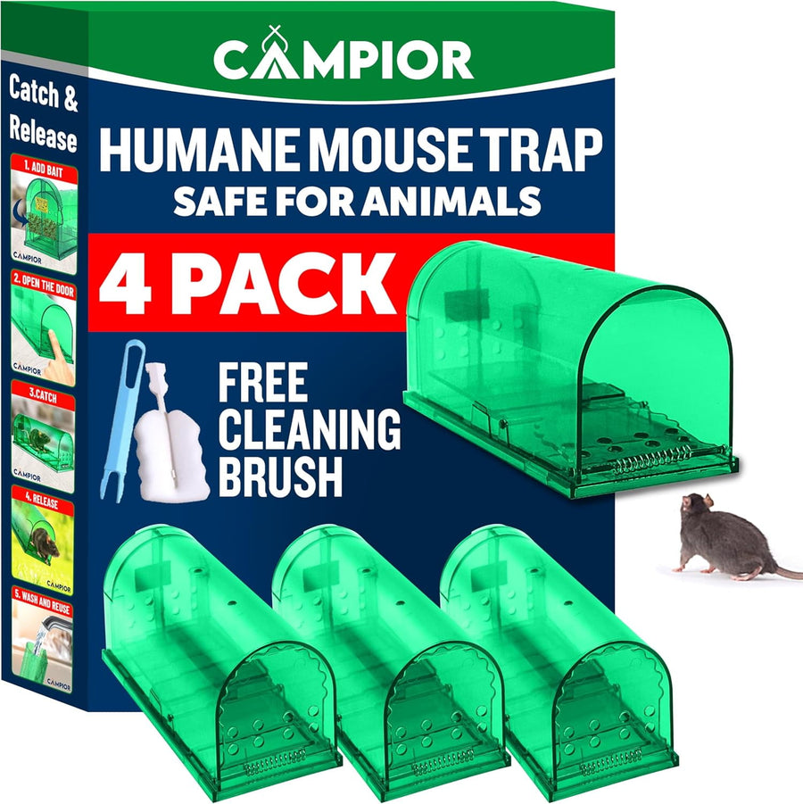 Campior retail box and four translucent green humane mouse traps with '4 PACK' and free cleaning brush callouts