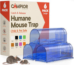 Boxed Campior humane mouse trap packaging with three translucent blue traps and two mice in front.