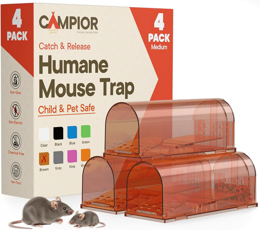 Packaged Campior humane mouse traps with three translucent brown traps displayed in front and two mice at bottom