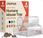 Campior boxed packaging and two clear reusable humane mouse traps with two mice in foreground