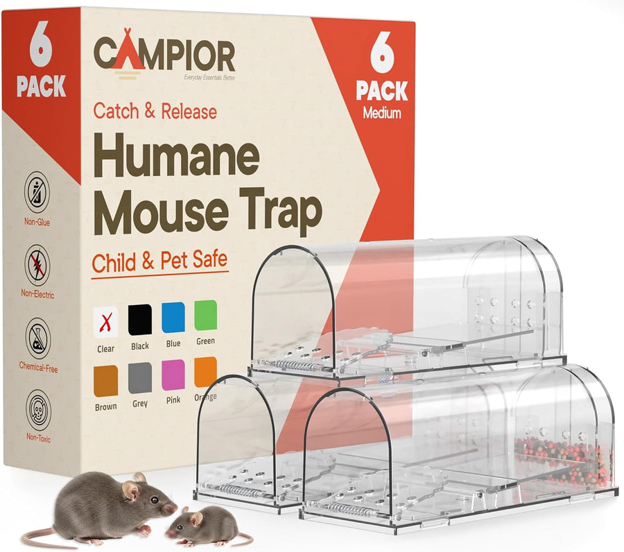 Campior boxed packaging and two clear reusable humane mouse traps with two mice in foreground