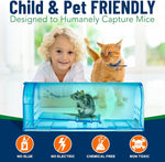 Lifestyle image of a blue translucent Campior trap with a mouse inside and a child and cat blurred in background