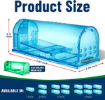 Blue translucent Campior mouse trap with product size dimensions and small green color option inset