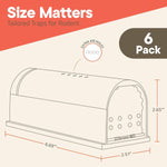 Line-drawing diagram showing trap dimensions, air holes and 6 Pack badge with 'Size Matters' header