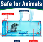 Illustrated cutaway of a blue Campior humane mouse trap showing bait compartment, fulcrum and spring door