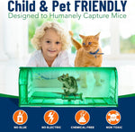 Campior green humane mouse trap with a captured mouse in foreground and child and cat blurred in background labeled child & pet friendly
