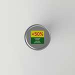 Overhead view of a metal can lid labeled '+50% Cleaning Power' against a white background.