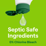 Close-up of a green bottle cap dispensing a droplet above text stating "Septic Safe Ingredients" and "0% Chlorine Bleach"