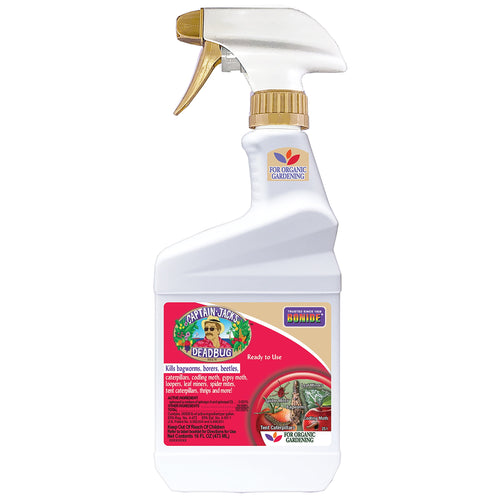 White spray bottle of Captain Jack's Deadbug Brew with pink label and gold trigger, isolated on white
