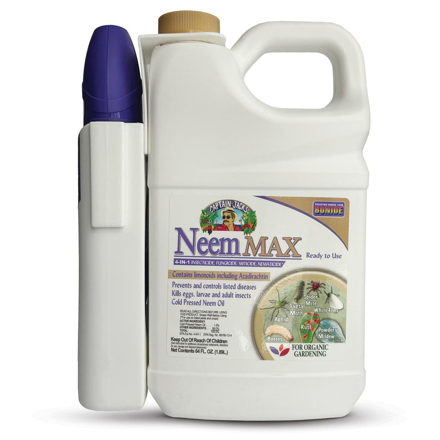 White jug of Captain Jack's Neem MAX ready-to-use spray with attached purple spray wand and product label visible