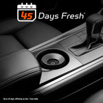 Black-and-white photo of a car center console with a diffuser in the cupholder and a ‘45 Days Fresh’ badge overlaid.