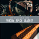 Stylized car interior photo with steering wheel and quilted leather seat and overlaid text describing scent notes