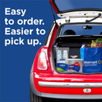 Open car trunk with grocery items including Dixie products and a Walmart bag, with text promoting easy order and pickup.
