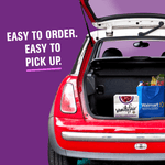 Open car trunk with a box of Vanity Fair napkins and a Walmart bag alongside text about easy order and pickup