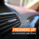 Close-up of a vehicle air vent and dashboard with overlay text ‘Freshens Up’ promoting car interior and vent freshness