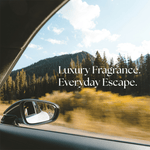 View from inside a car driving past trees with side mirror visible and overlaid text promoting luxury fragrance and escape
