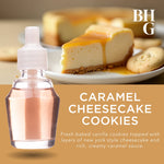 Promotional image of a refill bottle in front of a plated caramel-topped cheesecake and cookies with ‘Caramel Cheesecake Cookies’ text