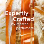 Close-up collage of caramel, ice cream and waffle textures with white text ‘Expertly Crafted by master perfumers’