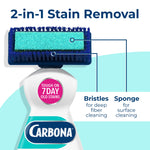 Close-up of Carbona bottle top and brush with diagram labels pointing to bristles and sponge for 2-in-1 stain removal