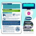 Back-of-package style image showing Carbona Outdoor Cleaner label, usage instructions panel and a scrub brush top on a turquoise background.