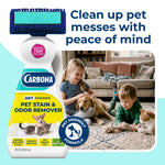 Carbona pet stain remover bottle beside lifestyle photo of children and pets sitting on a carpet, labeled pet-friendly