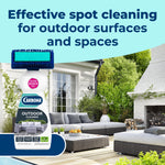 Carbona Outdoor Cleaner bottle with scrub brush head overlaid on a bright outdoor patio scene.