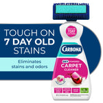 Carbona carpet cleaner bottle with detachable blue brush head and text panel reading 'TOUGH ON 7 DAY OLD STAINS'