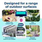 Product graphic showing Carbona Outdoor Cleaner and four images of outdoor surfaces like decks, play equipment, awnings and planters.