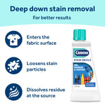 Carbona Stain Devils bottle beside text and icons explaining deep down stain removal and fabric surface action