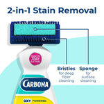 Close-up of Carbona bottle top showing dual brush and sponge with labeled callouts for bristles and sponge