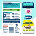 Front and back label views of Carbona pet stain & odor remover showing ingredient and usage panels and brush head