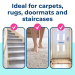 Graphic showing three use-case images (stairs, carpet, doormat) with headline 'Ideal for carpets, rugs, doormats and staircases'