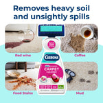 Product infographic collage showing Carbona bottle surrounded by example stains: red wine, coffee, food stains and mud