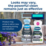 Two Carbona packaging variants side-by-side with scrubber heads and text about packaging transition on a blurred backyard background.