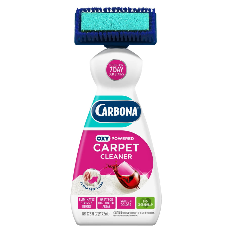 Carbona oxy-powered carpet cleaner bottle with dual brush-sponge head, white and pink label on white background