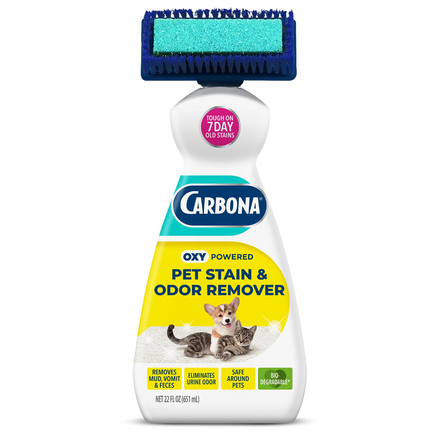 Bottle of Carbona Oxy-Powered Pet Stain & Odor Remover with attached dual brush sponge on a white background