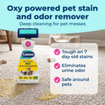 Carbona pet stain and odor remover bottle on carpet with text callouts highlighting stain removal benefits