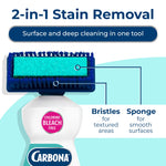 Close-up product diagram of the Carbona scrub head showing bristles and sponge labeled for textured and smooth surfaces.