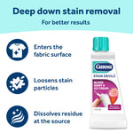 Carbona bottle with infographic icons describing deep down stain removal benefits and steps