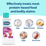 Carbona bottle with icons showing it treats milk, baby formula, cheese, eggs and other protein stains