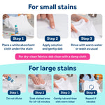 Step-by-step usage infographic showing small and large stain treatment steps with Carbona bottle and fabric images